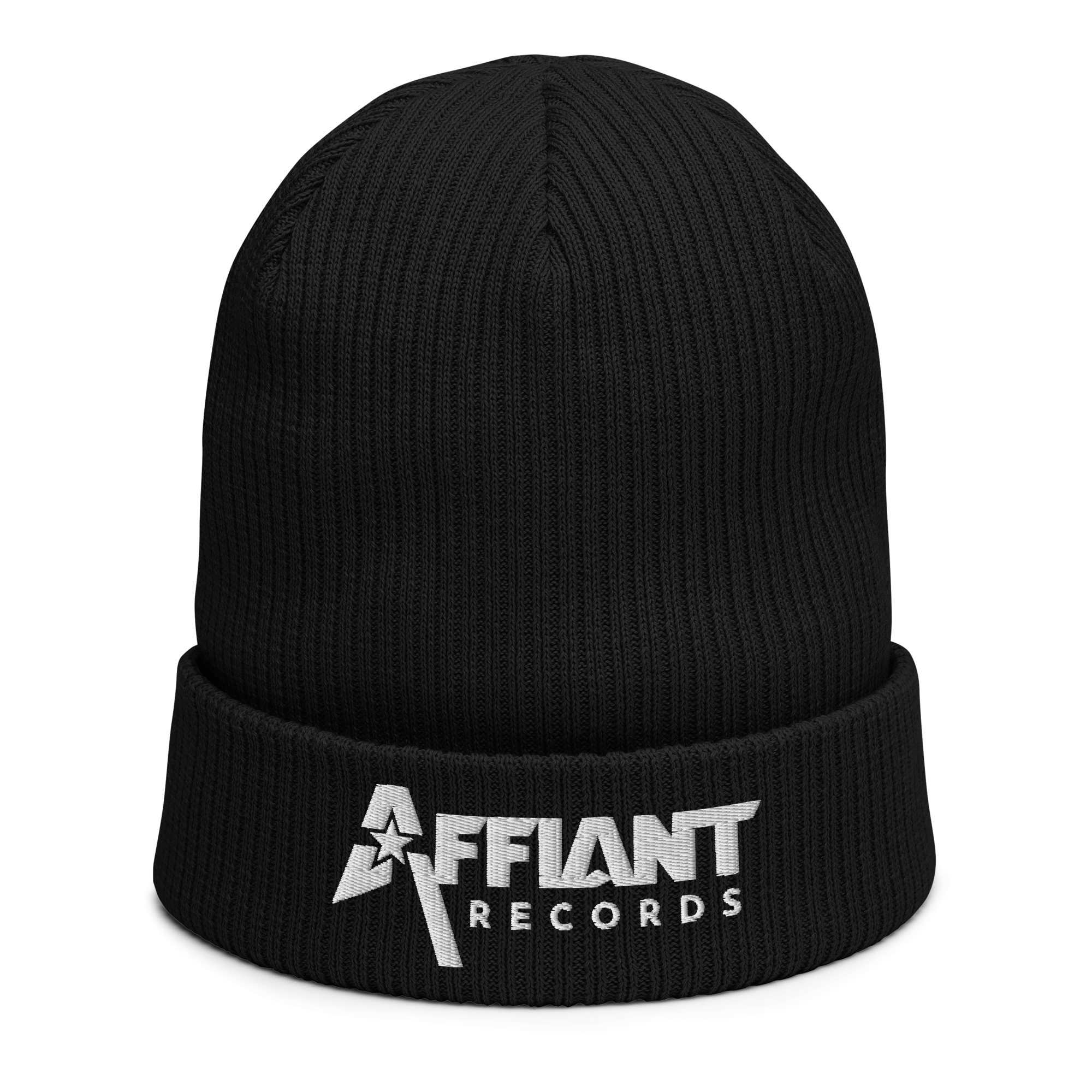 AFFIANT RECORDS - ORGANIC FULL WHITE LOGO EMBROIDERED RIBBED BEANIE