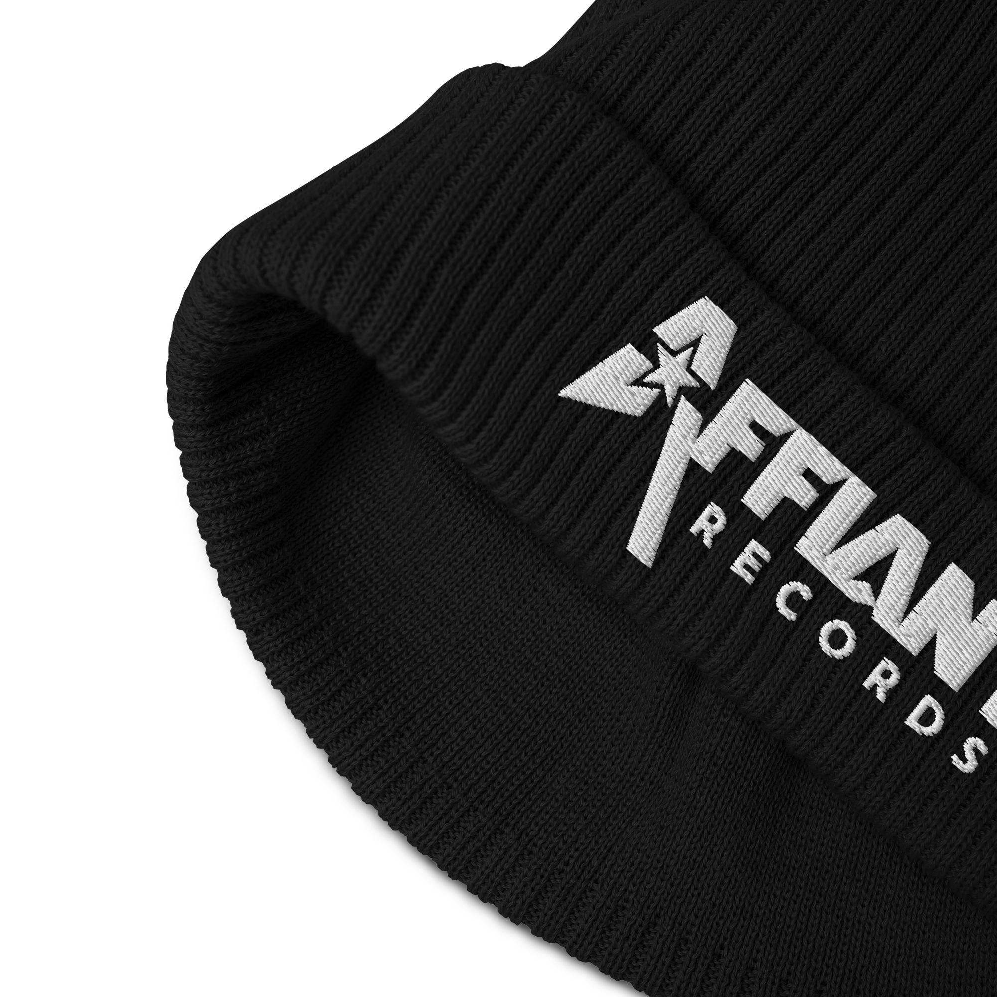 AFFIANT RECORDS - ORGANIC FULL WHITE LOGO EMBROIDERED RIBBED BEANIE